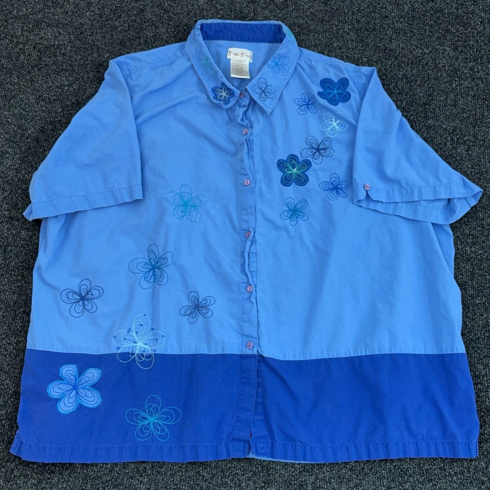 Bobbie Brooks Shirt Womens Plus 26W Blue Floral Embroidered Button Up Tunic Top